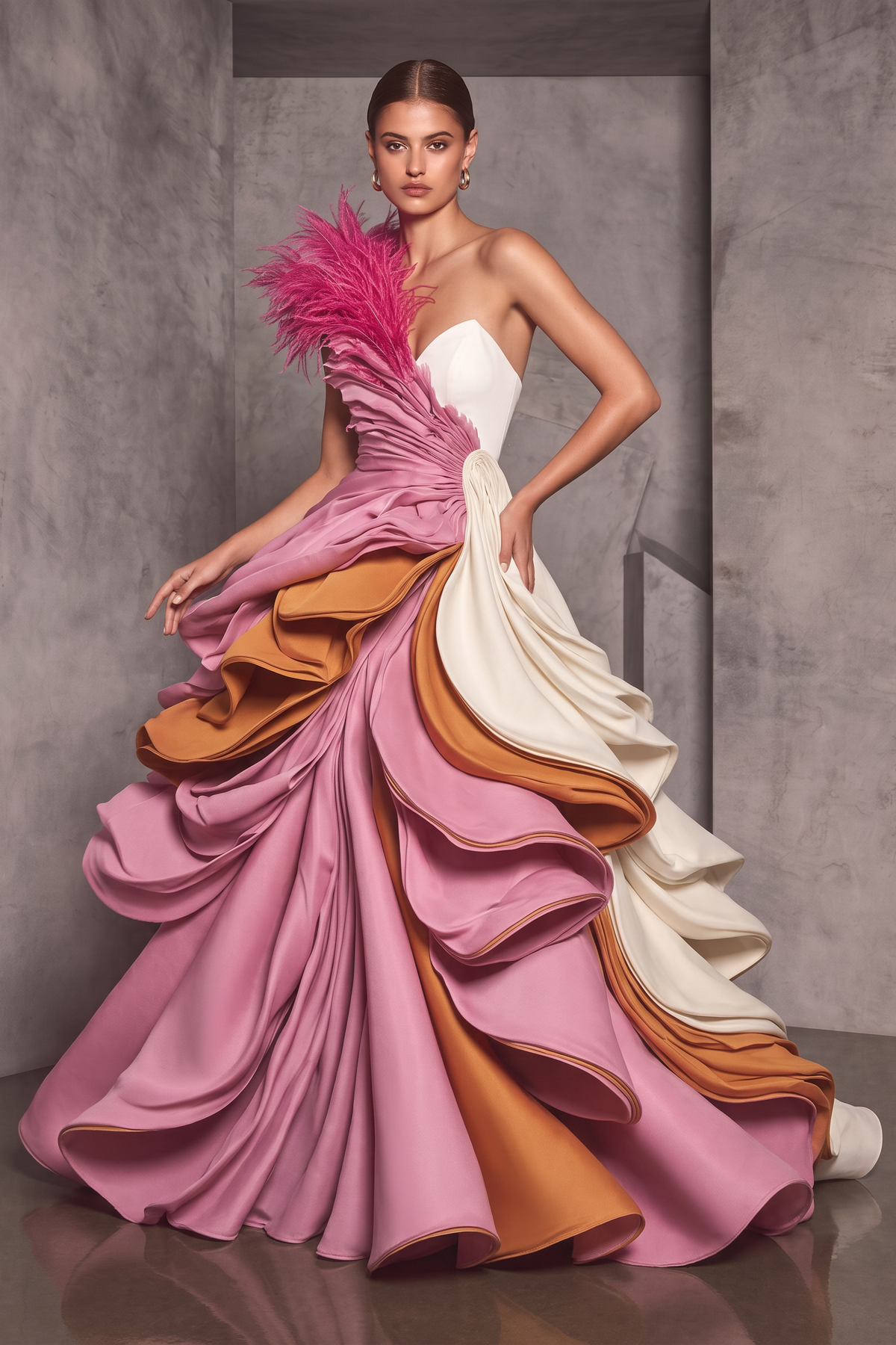 فستان طبقات بتفاصيل ريش على الأكتاف