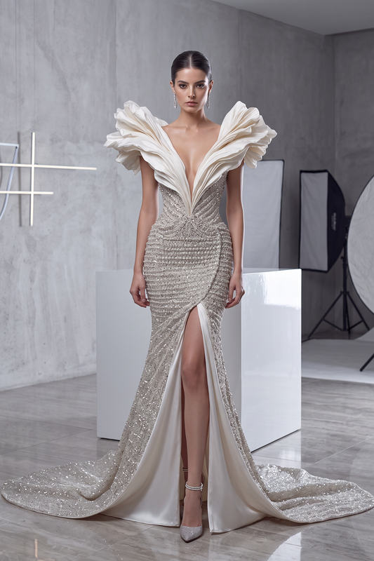 Vestido largo con corpiño esculpido y falda acampanada
