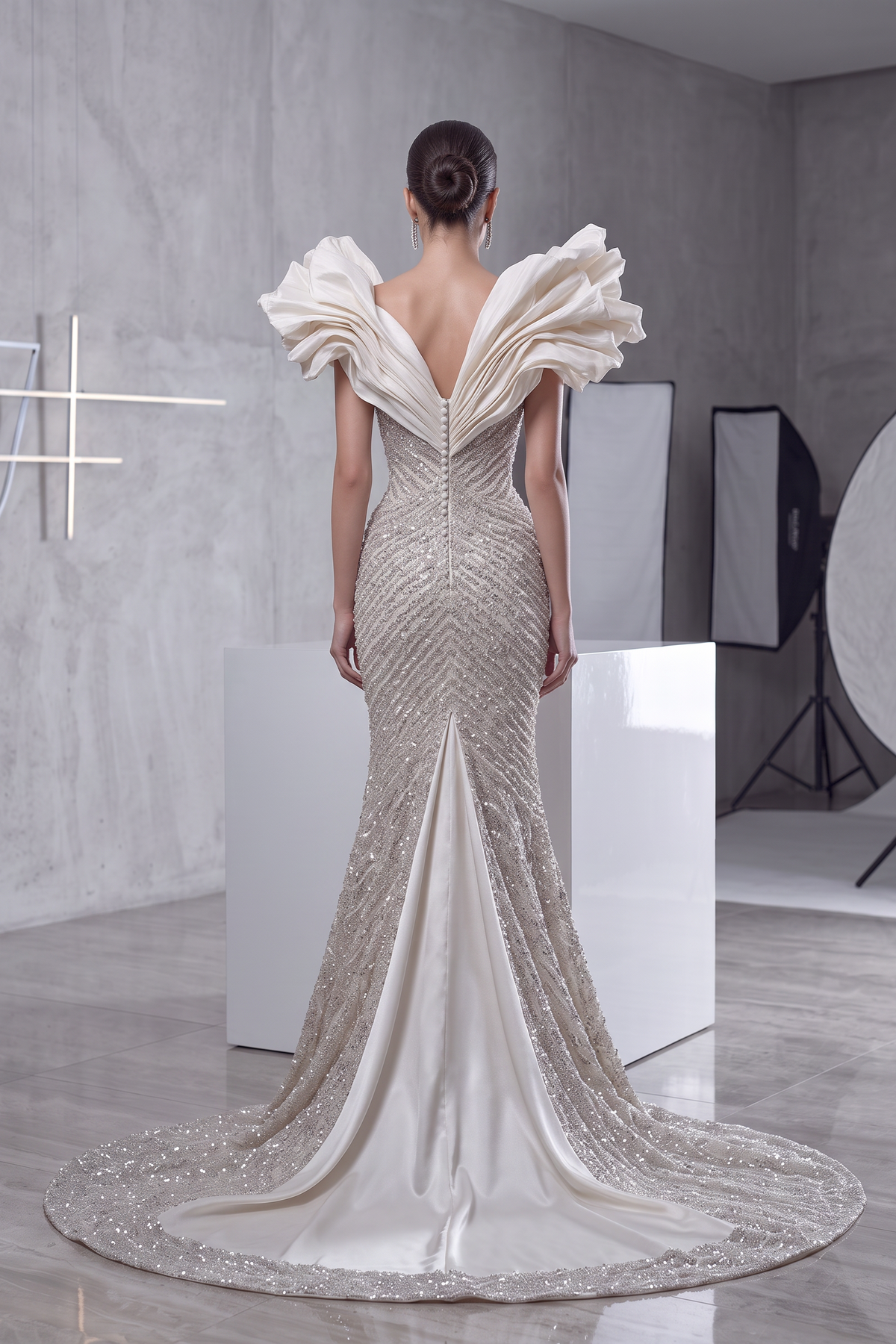 Vestido largo con corpiño esculpido y falda acampanada