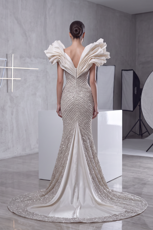 Vestido largo con corpiño esculpido y falda acampanada