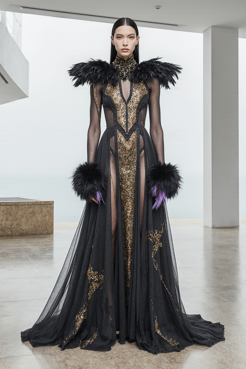 High Neck Flared Cuff Gown