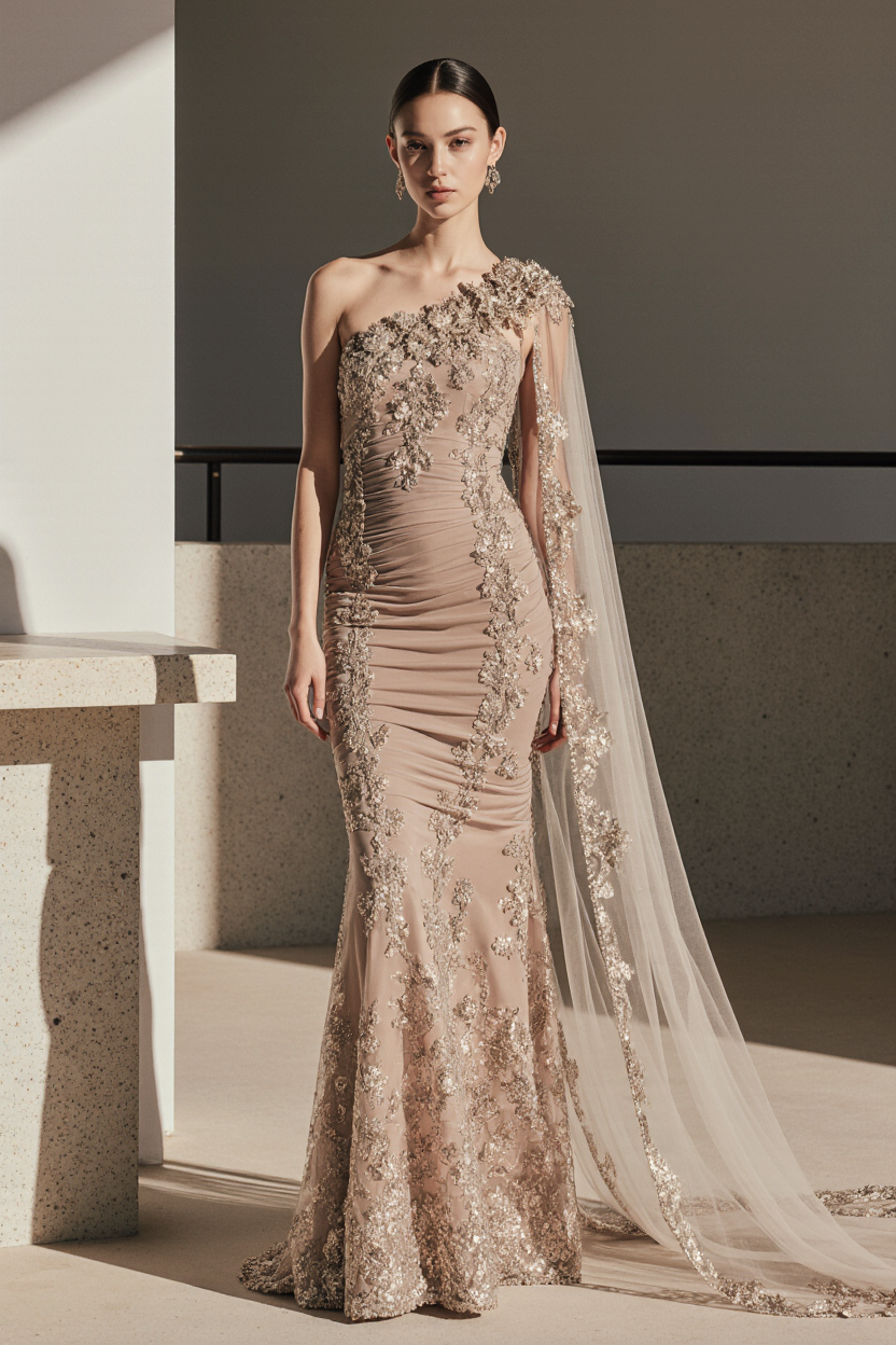 Detailed One-Shoulder Cape Gown