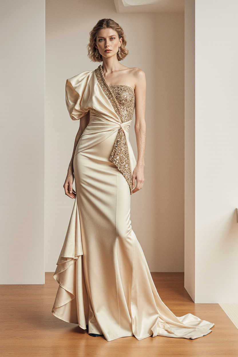 Asymmetric Dramatic Shoulder Gown