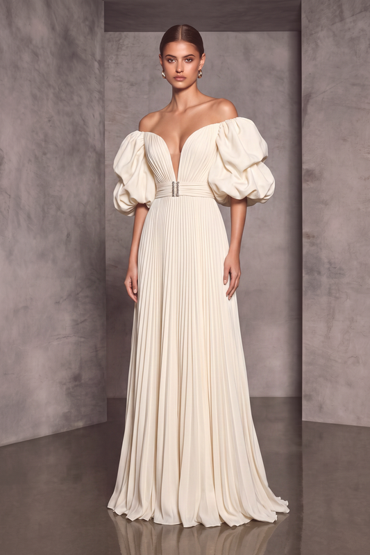 Vestido largo acordeón con mangas abullonadas