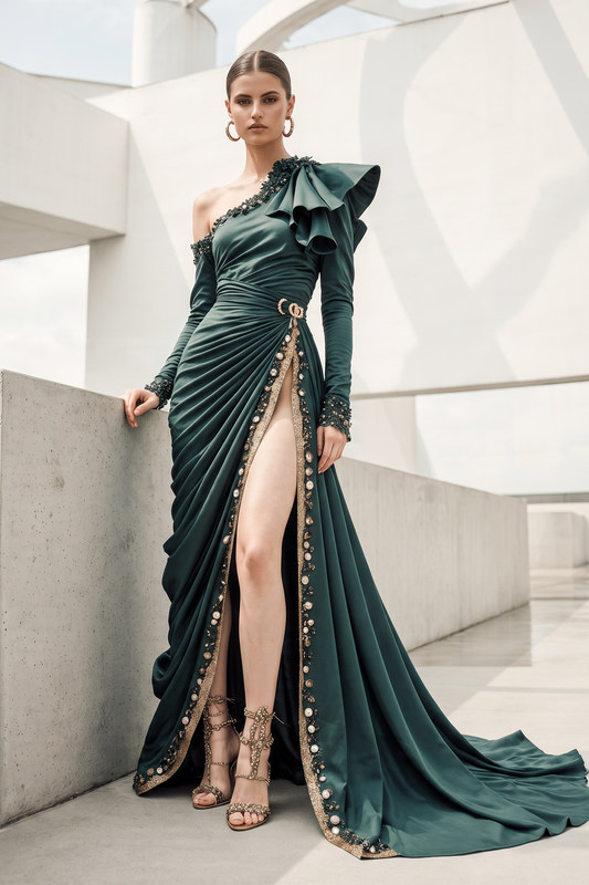 Vestido asimétrico con volante en el hombro
