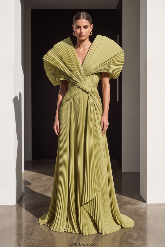 Fully Pleated Short-Sleeve Gown