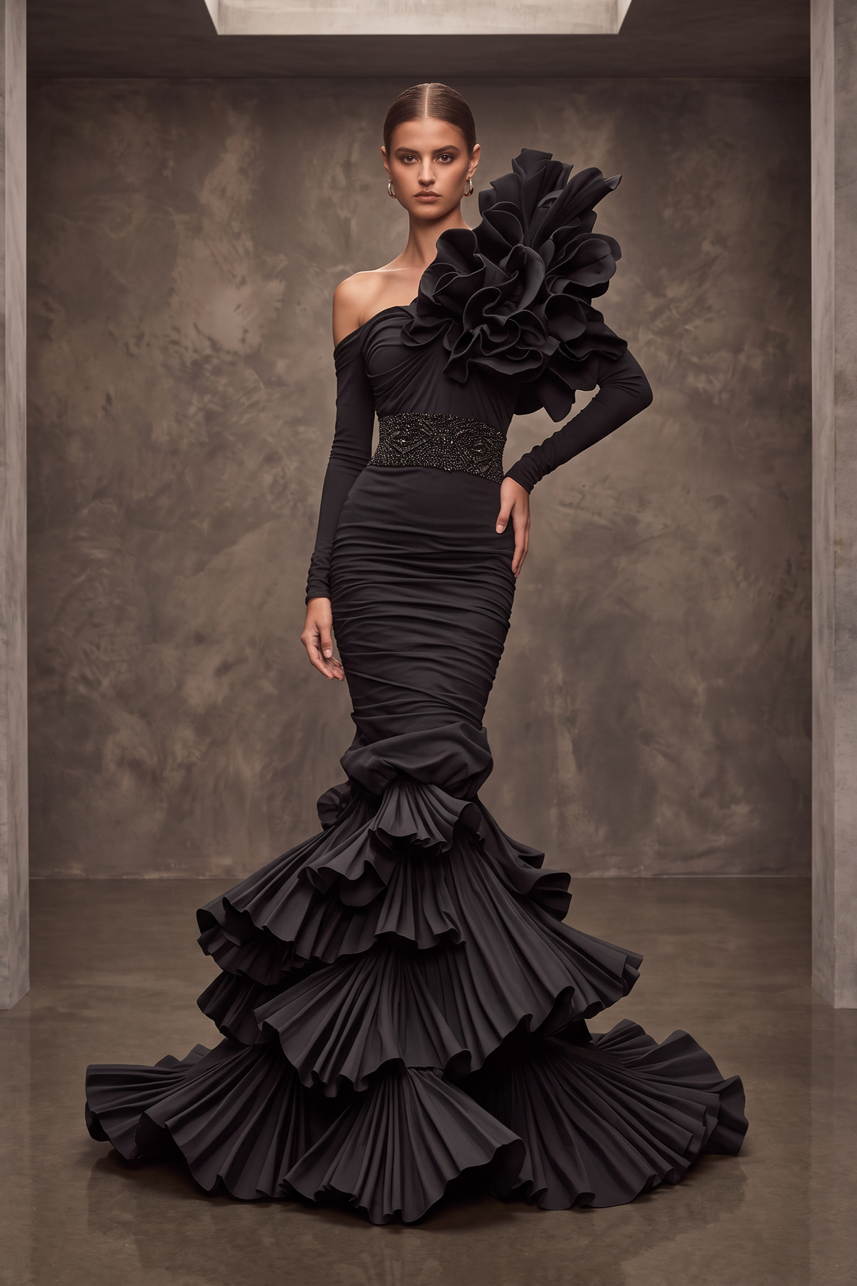 Dramatic Shoulder Layered Gown