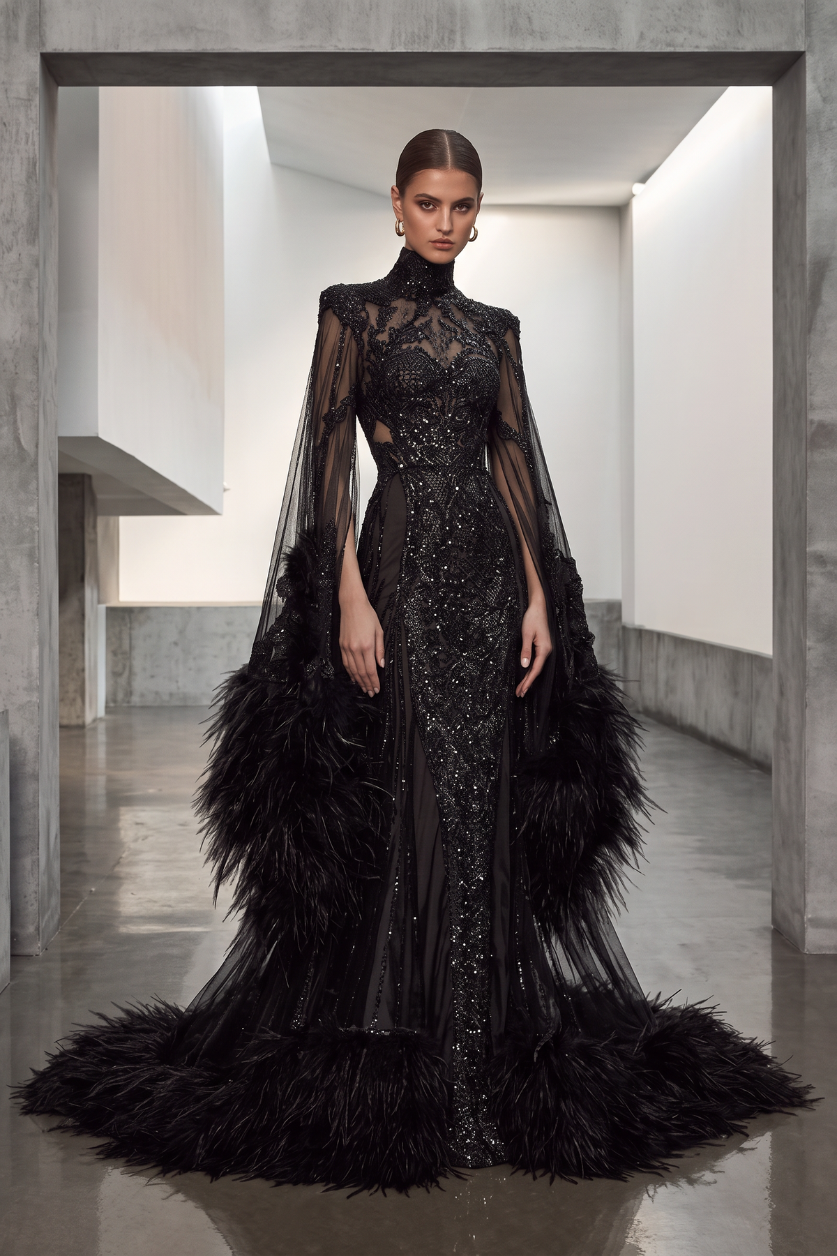 Vestido Ilusión Drapeado con Plumas