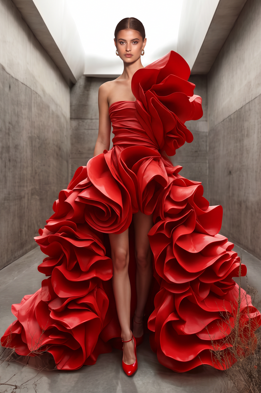 Oversized Ruffled High-Low Gown