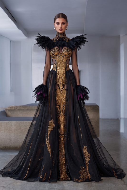 Vestido de cuello alto y puño acampanado