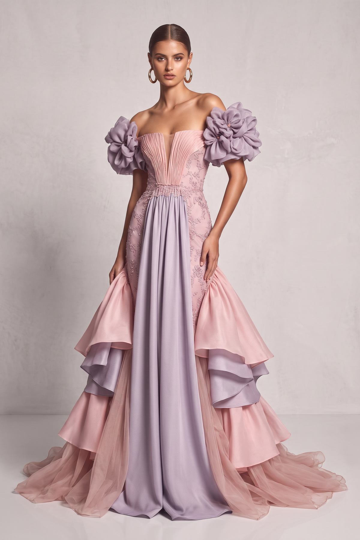 Draped Ruffled A-Line Gown