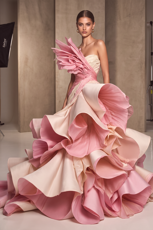 Vestido estructurado sin tirantes con volantes