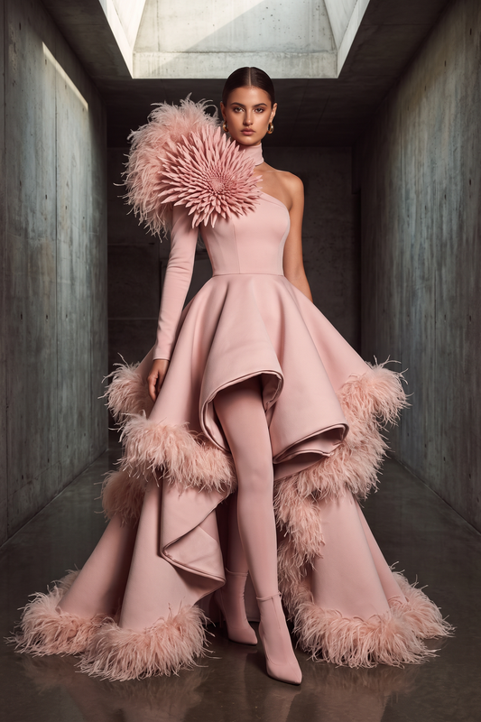 Vestido con mangas de plumas