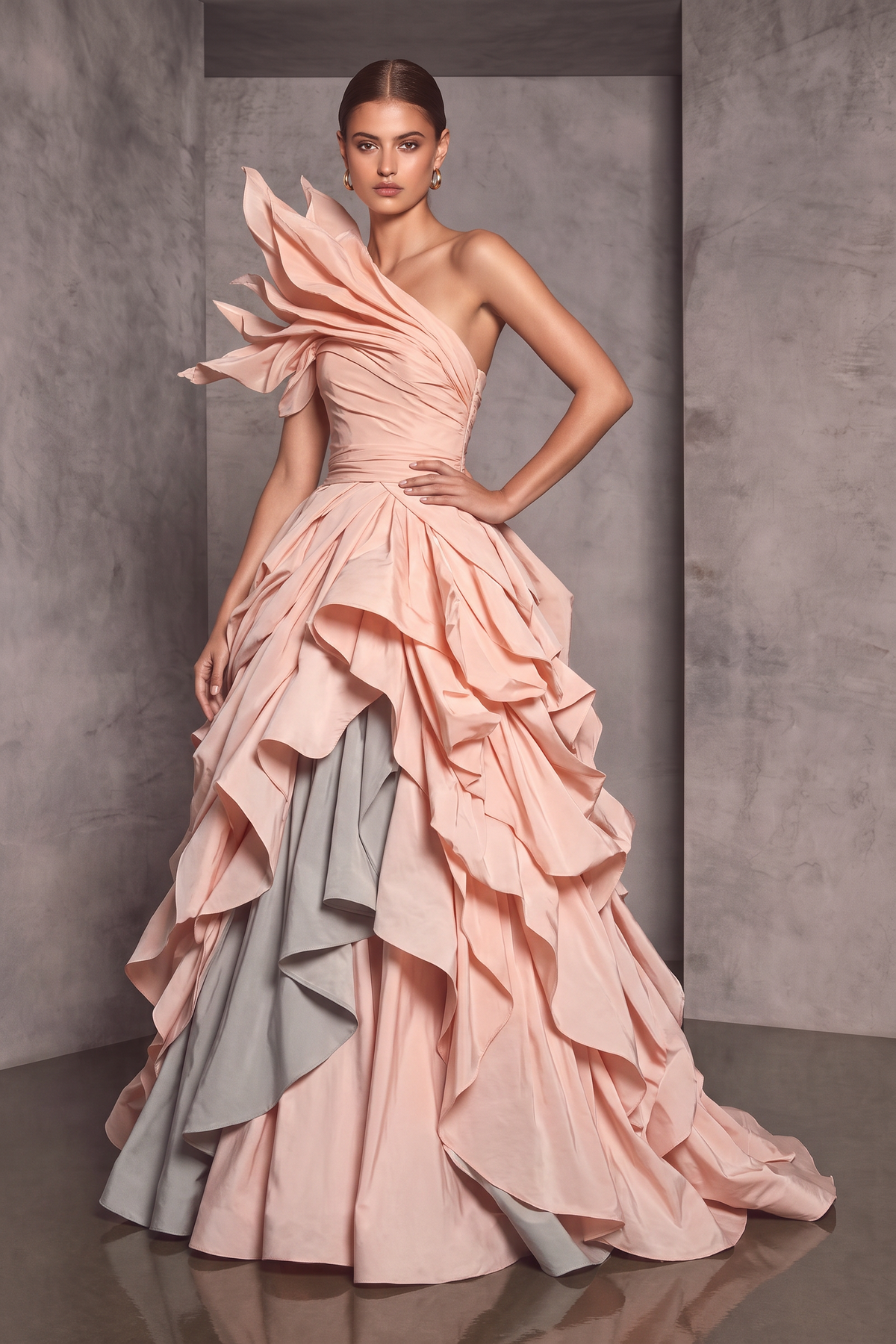 Cascading Ruffled One Shoulder Gown