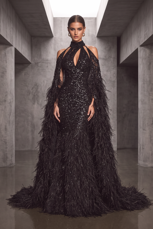 Vestido de gala con capa de plumas
