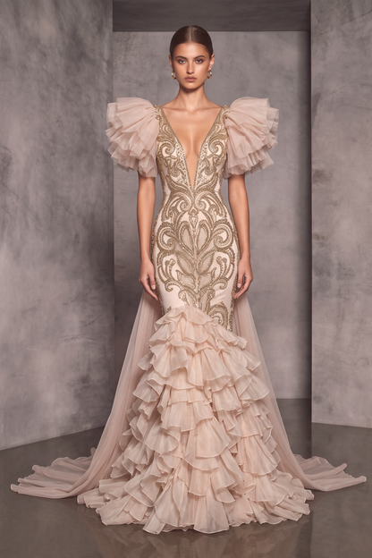 Puff Sleeve Embellished Gown