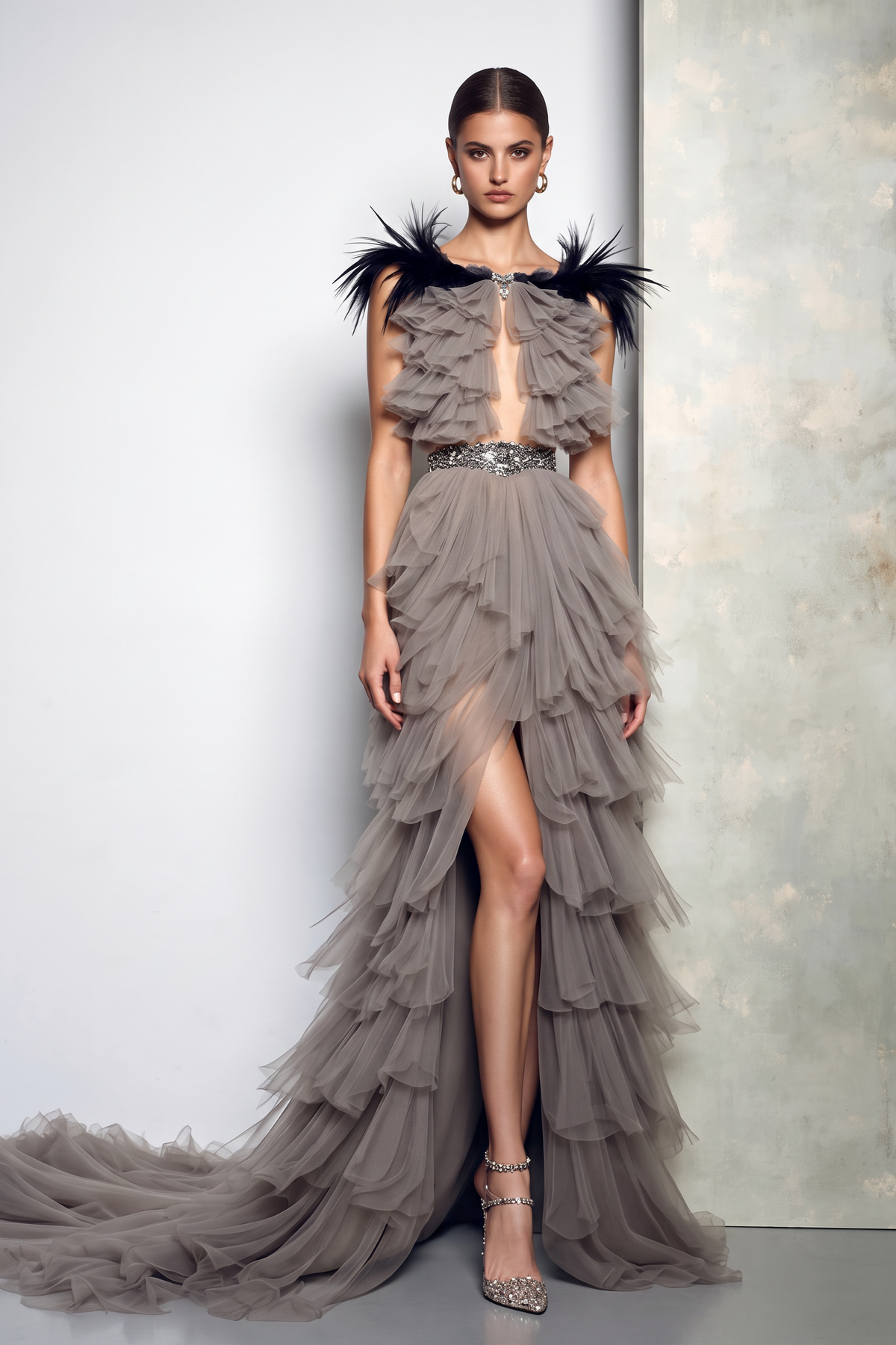 Vestido largo a capas con abertura y plumas