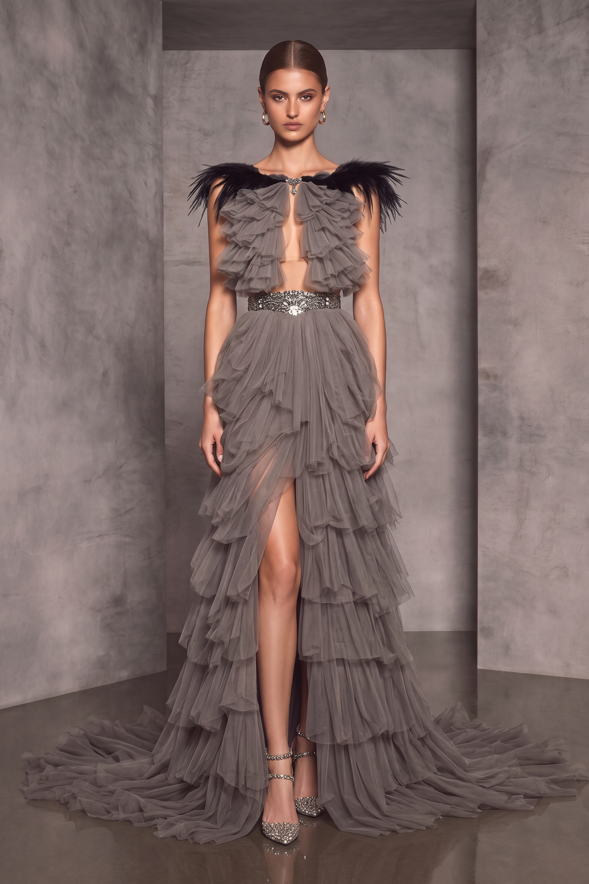 Vestido largo a capas con abertura y plumas