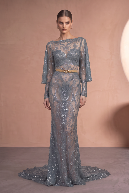 Long Sleeve Illusion Gown