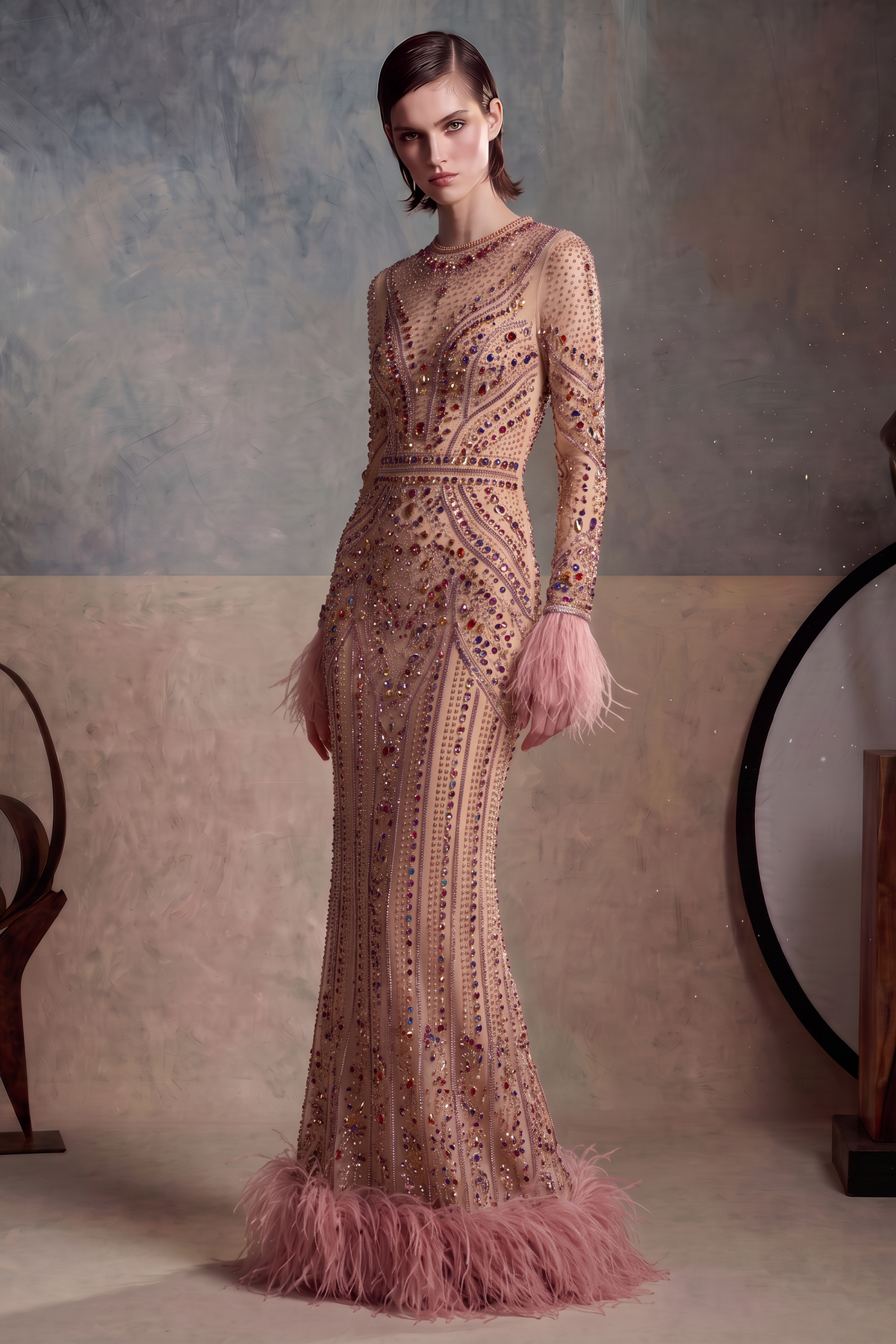 Long Sleeve Sequin Gown