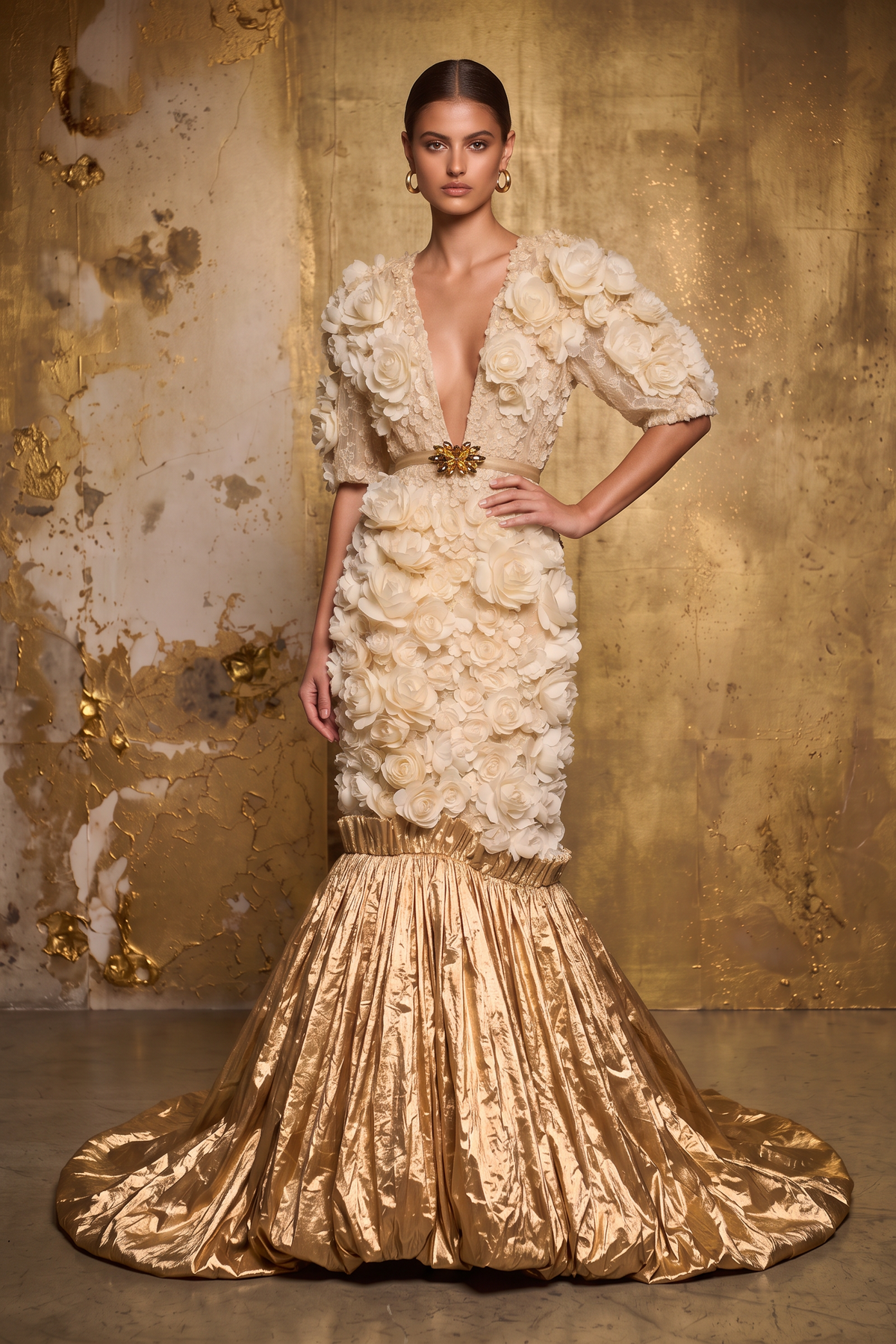 Short Sleeve Rosette Gown