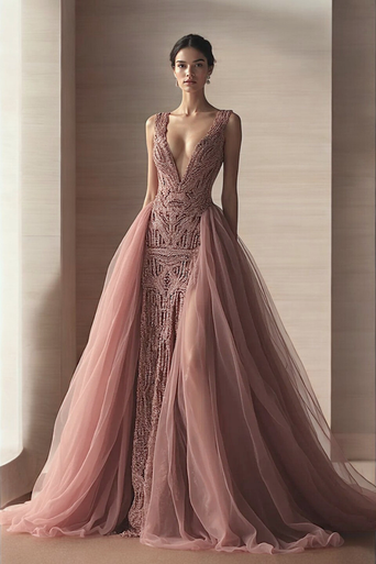 Sleeveless Tulle Overskirt Gown