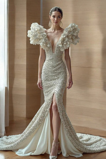 Flared Oversized Ruffle Sleeve Gown