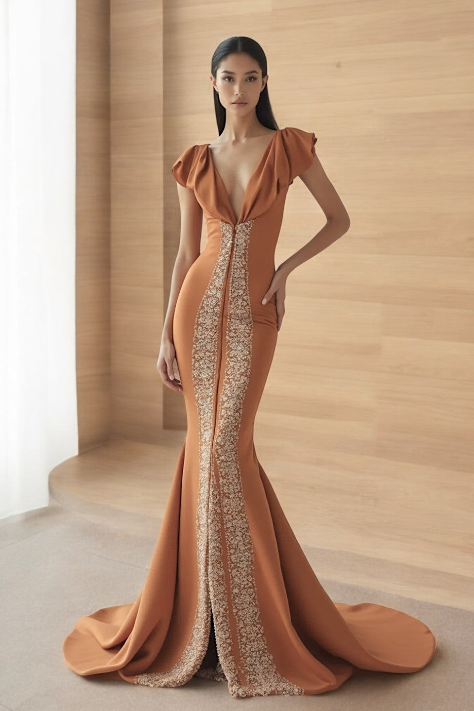Vestido de Noche con Volantes en las Mangas y Escote en V Pronunciado