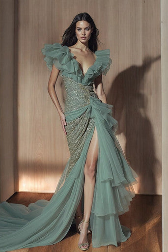 Wide V-Neck Slit Gown