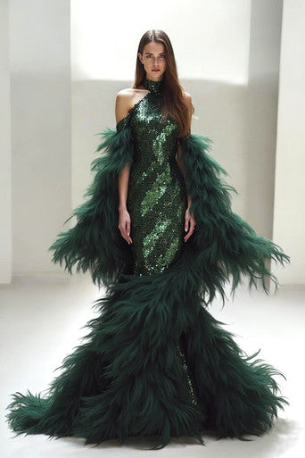 Feathered Halter Gown