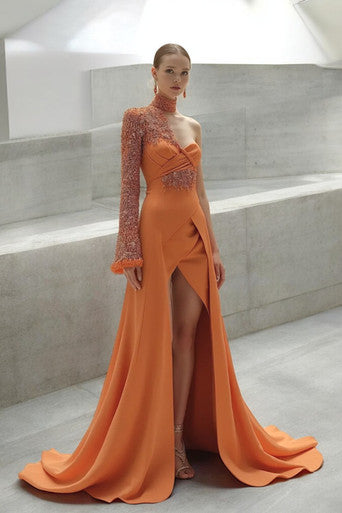 High Low  Beaded Sleeve Gown