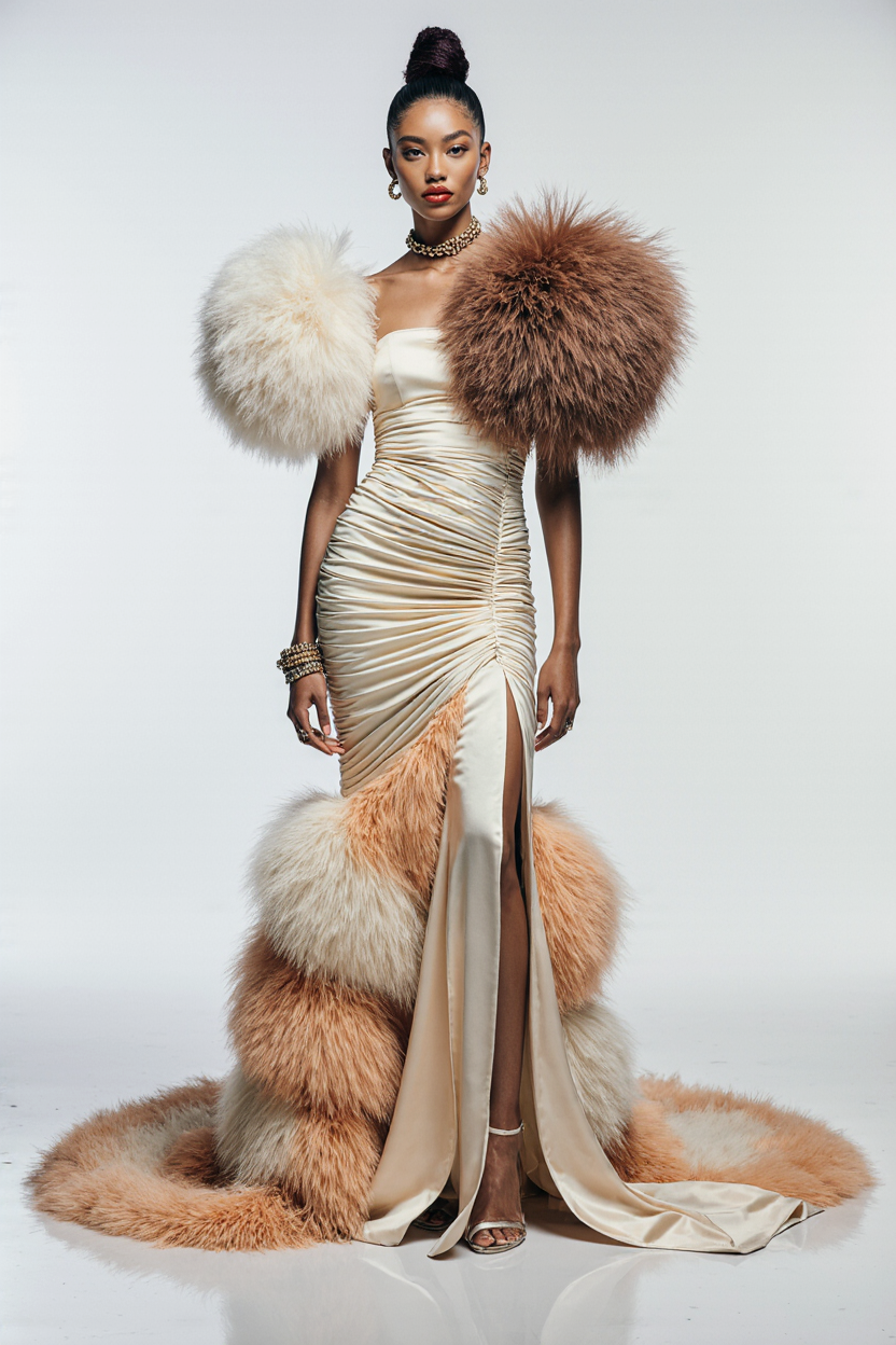 Pleated Feathered Gown