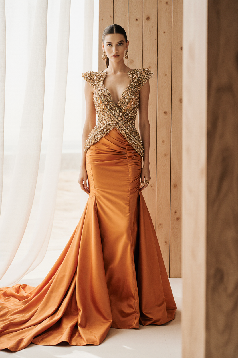 Embellished Cap-Sleeved Gown