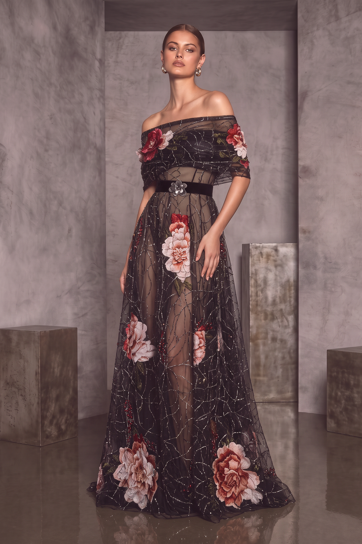 Off-Shoulder Short Sleeve Gown