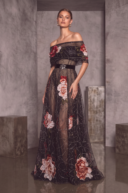 Off-Shoulder Short Sleeve Gown