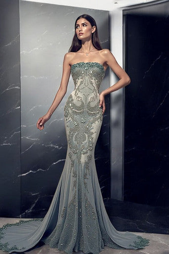Flared Embellished Strapless Gown