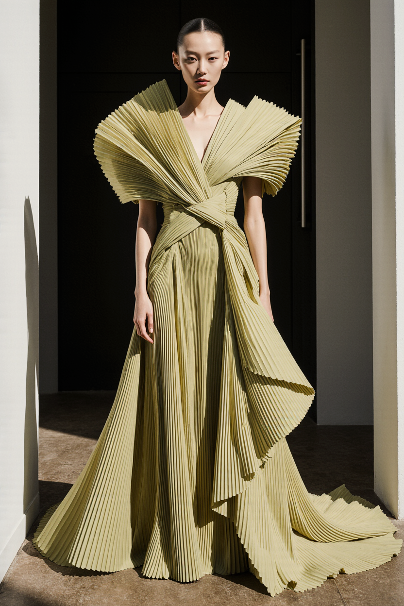 Fully Pleated Short-Sleeve Gown