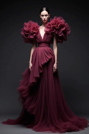 Puffy Shoulder Peplum Gown