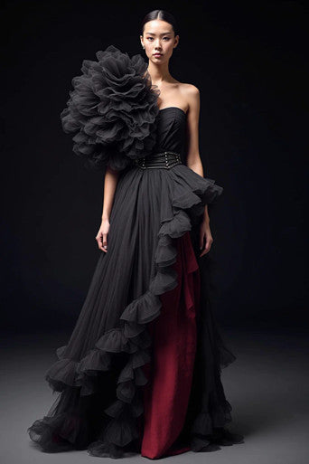 Ruffled Shoulder Asymmetrical Gown