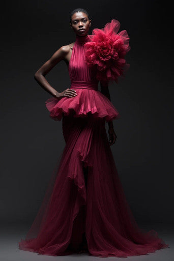 Flared Peplum Slit Gown