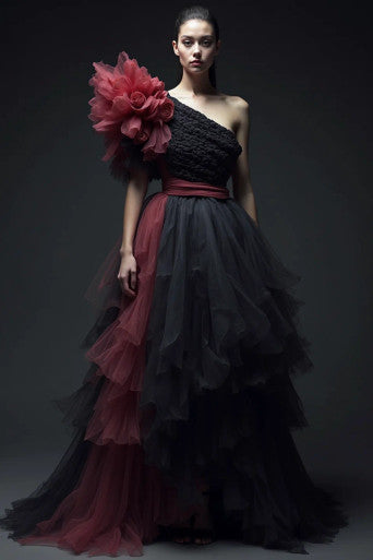 Ruffled Shoulder A-Line Gown
