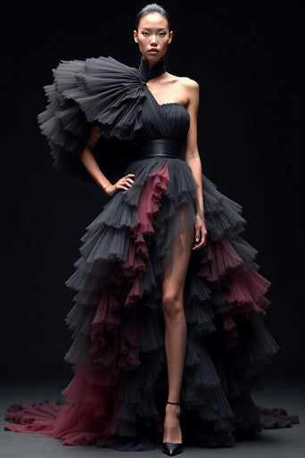 Oversized Ruffle High Slit Gown