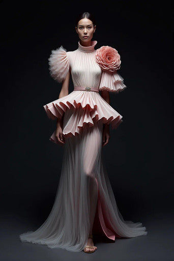 Pleated Peplum Rosette Gown
