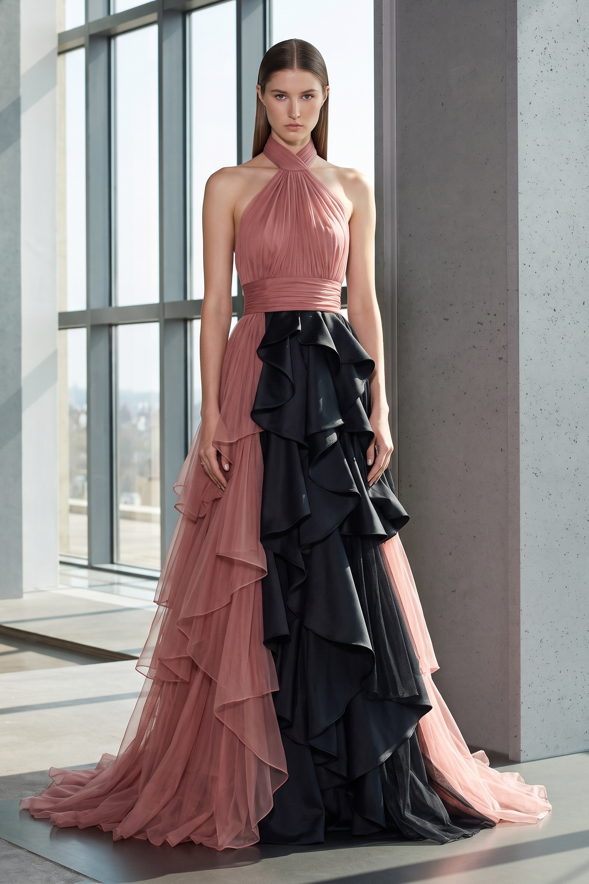 Vestido de noche sin mangas con volantes escalonados