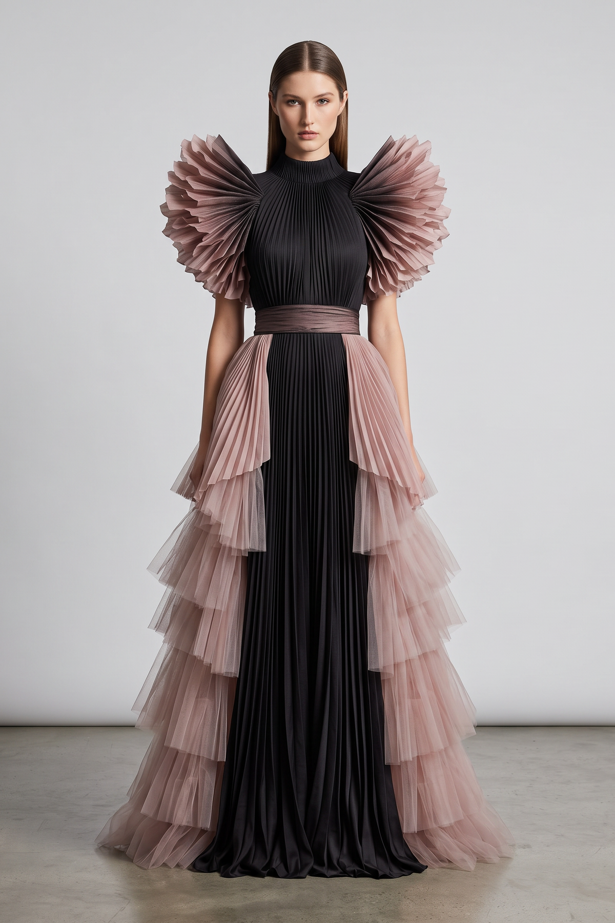 Vestido largo de volantes con mangas estructuradas