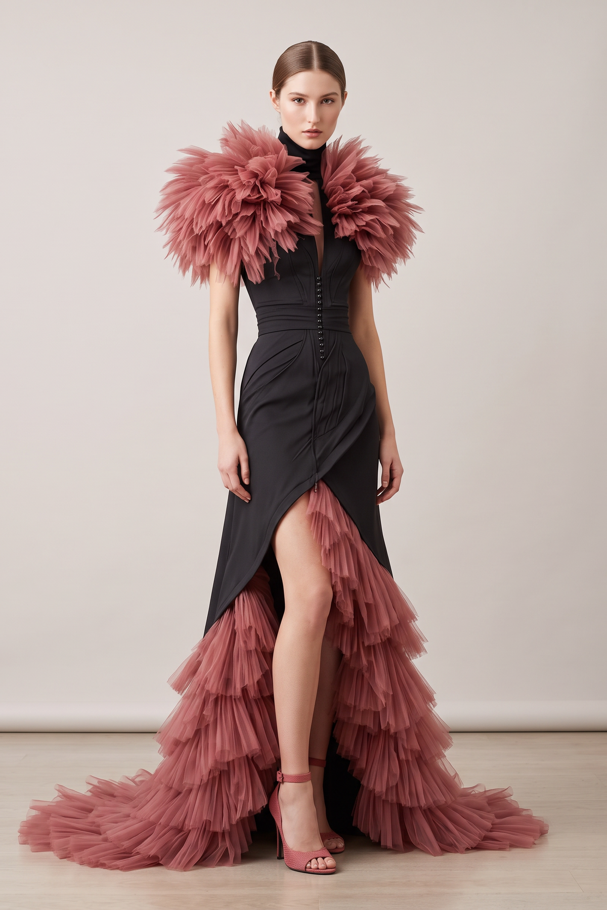 Vestido acampanado con mangas de plumas