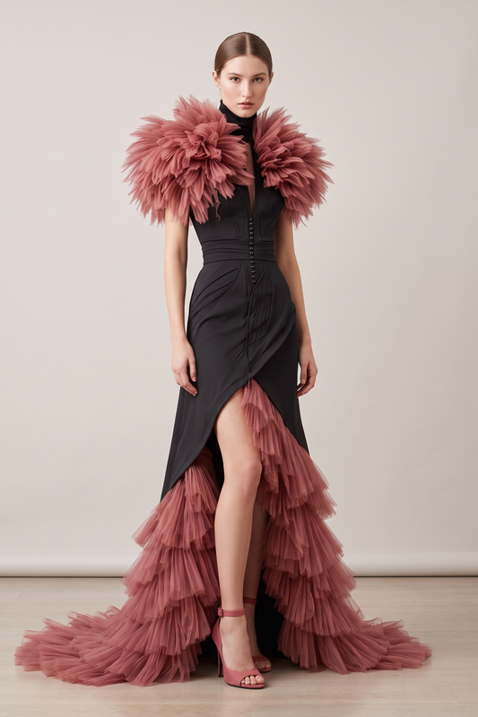 Vestido acampanado con mangas de plumas