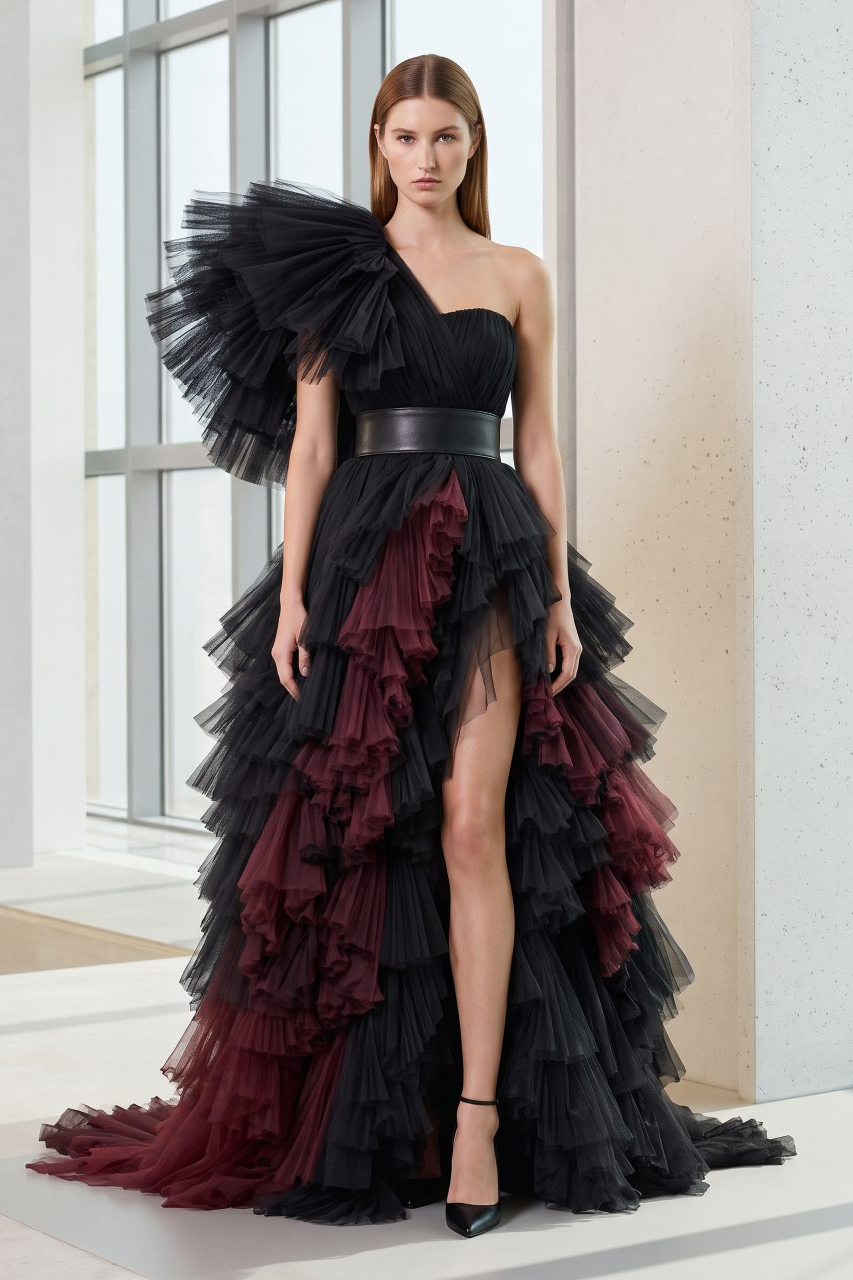 Vestido largo con volantes extragrandes y abertura alta