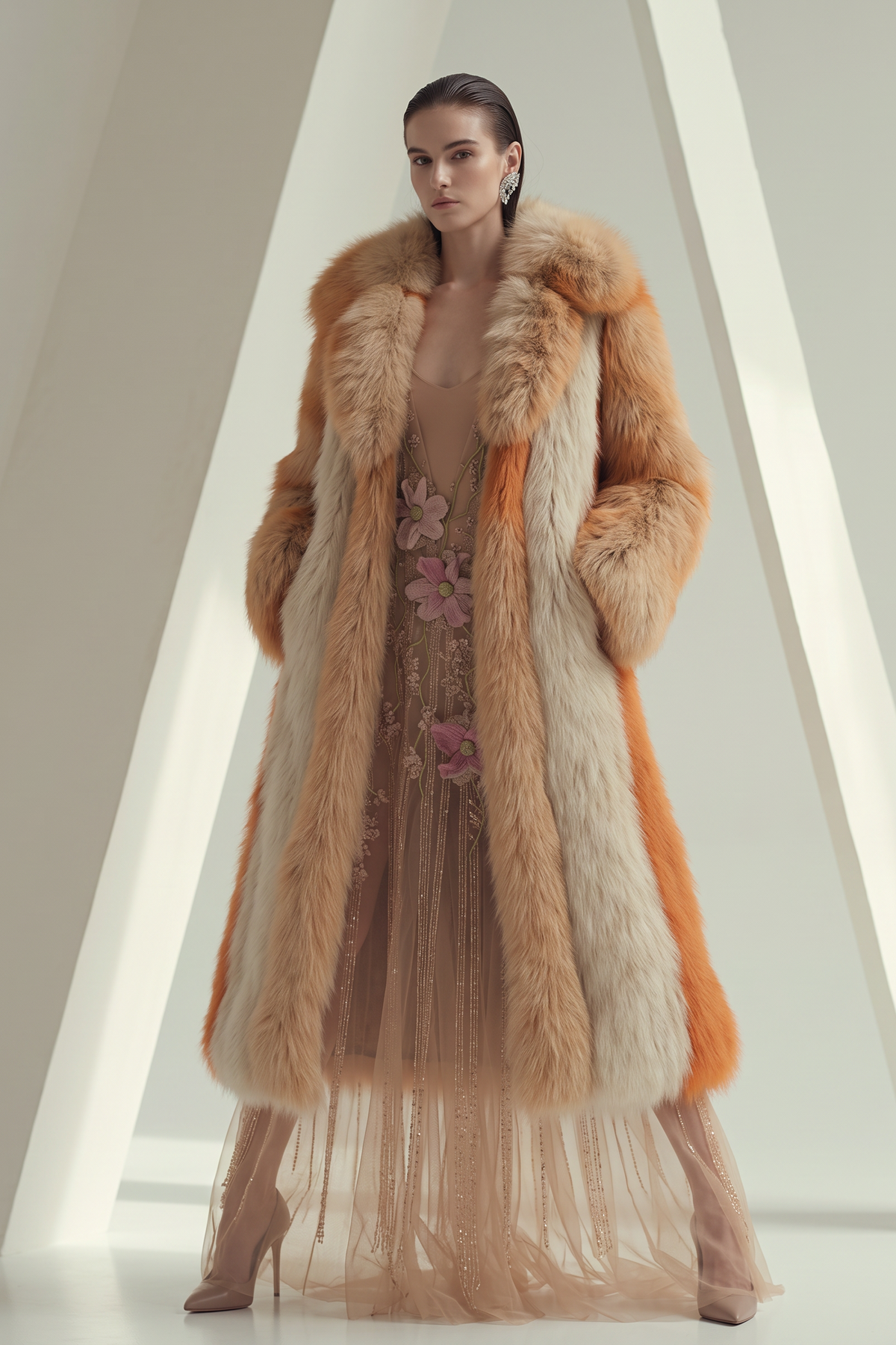Striped Panel Faux-Fur Coat
