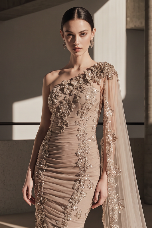 Vestido largo con capa de un solo hombro detallado